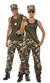 Woman's camouflage pants with hat and green top, next to matching male
