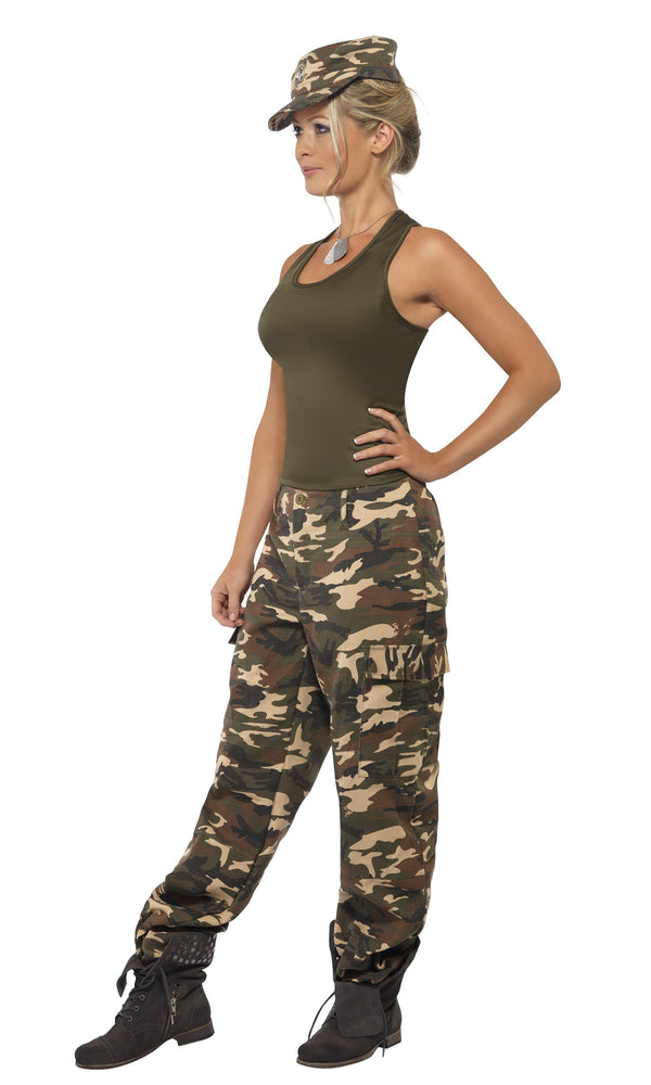 Side of woman's camouflage pants with hat and green top