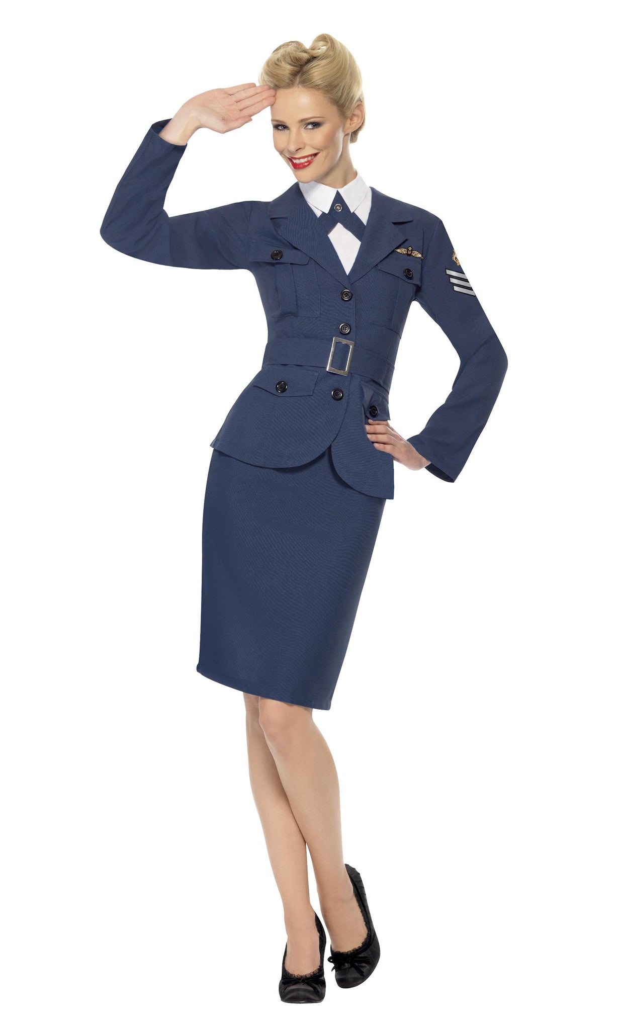 Blue Air Force captain costume with jacket, skirt, mock shirt & tie and belt