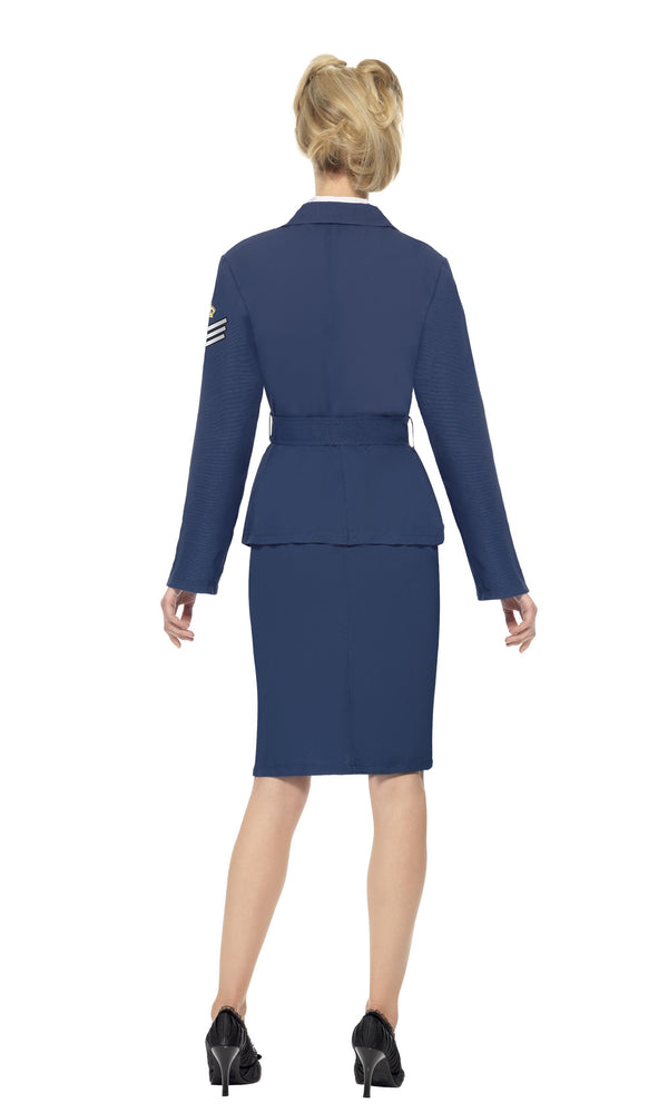 Back of blue Air Force captain costume with jacket, skirt and belt