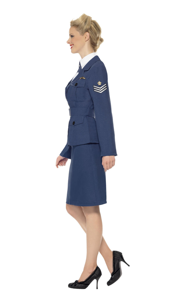 Side of blue Air Force captain costume with jacket, skirt, mock shirt & tie and belt