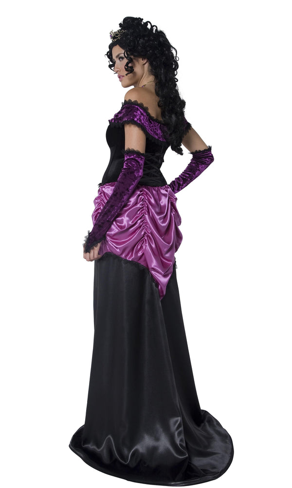 Back of long purple and black Countess dress with gloves and tiara