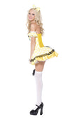 Side of short yellow and white Goldilocks corset style dress with headband and sleeves