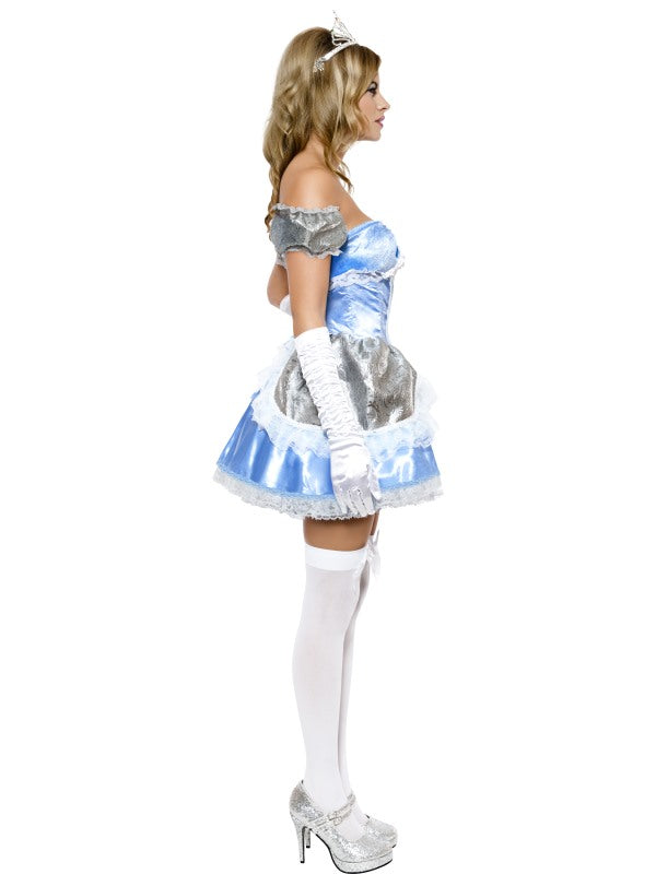 Side of blue Cinderella dress with mock corset, peplums, sleeves and petticoat