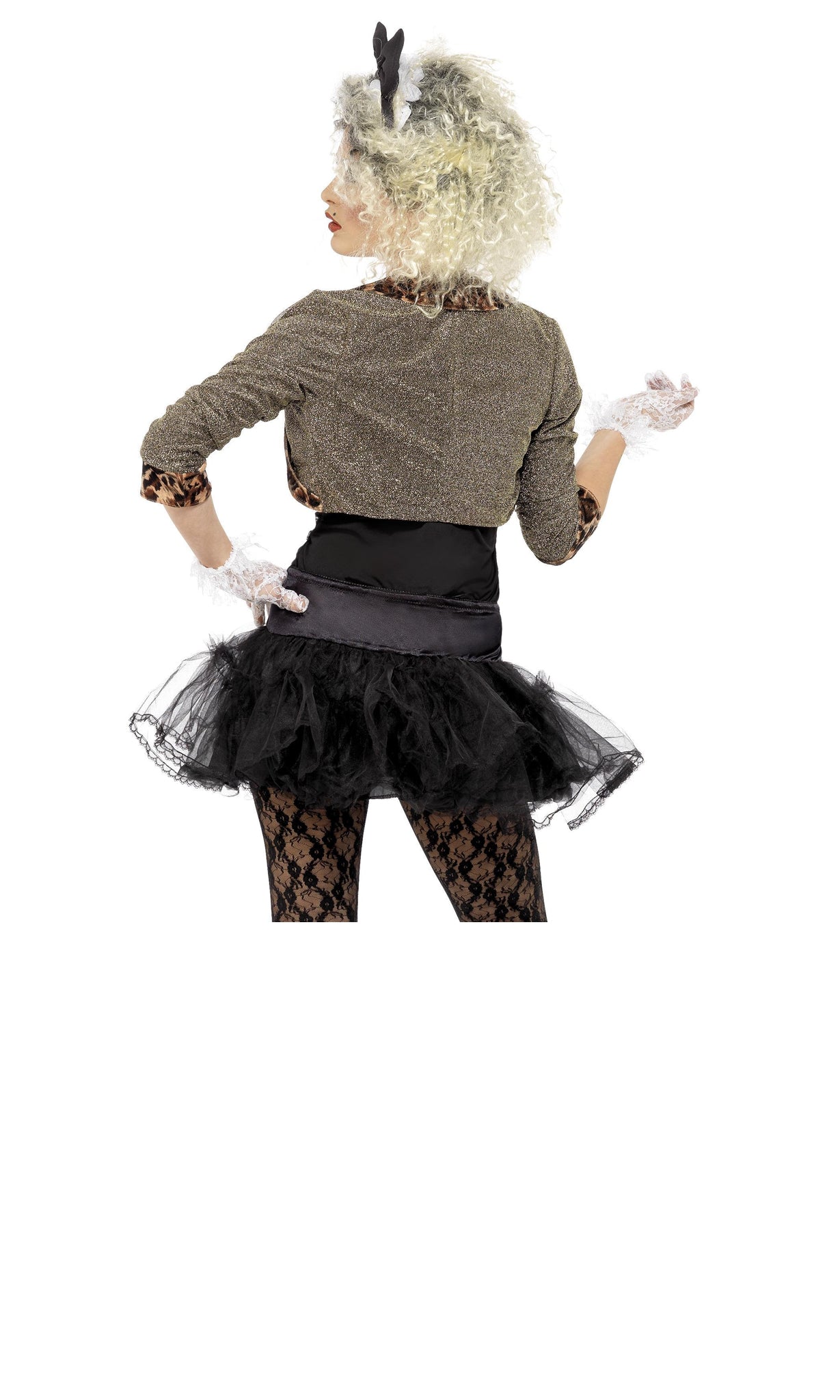 Back of Madonna style tutu costume with jacket, gloves, bow headband and net leggings