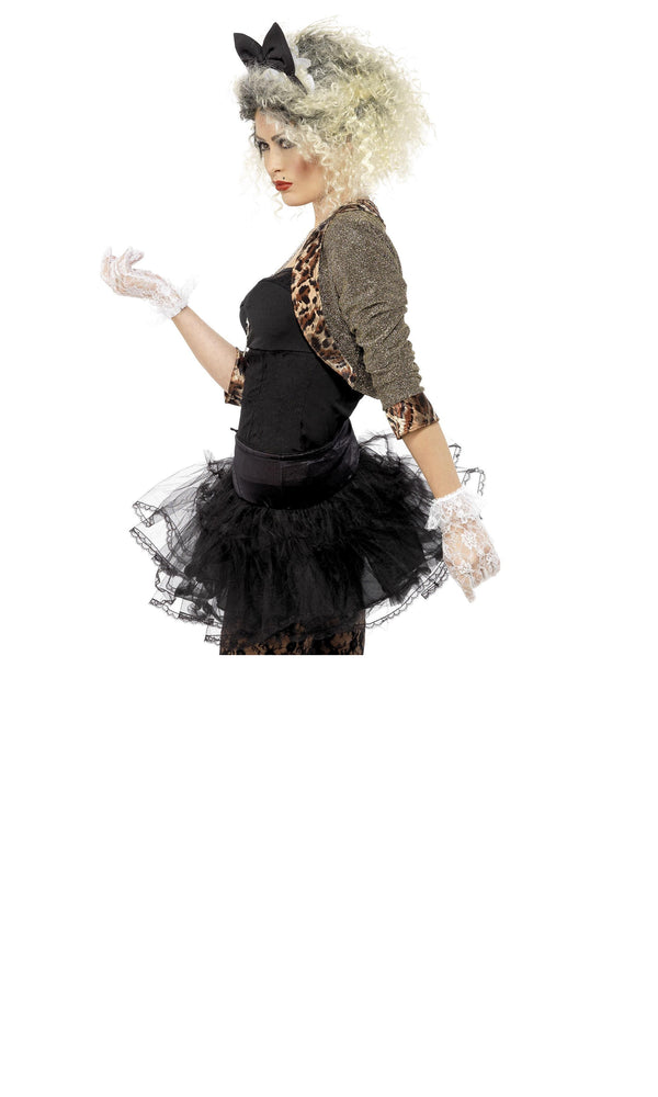 Side of Madonna style tutu costume with jacket, gloves and bow headband