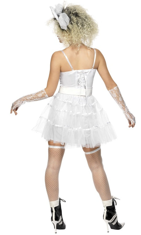 Back of 80s Madonna costume with tutu, corset top, gloves, belt and bow headband