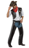 YMCA cowboy vest and chaps with red bandana and hat