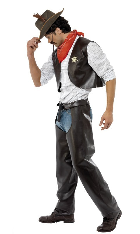 Side of YMCA cowboy vest and chaps with red bandana and hat
