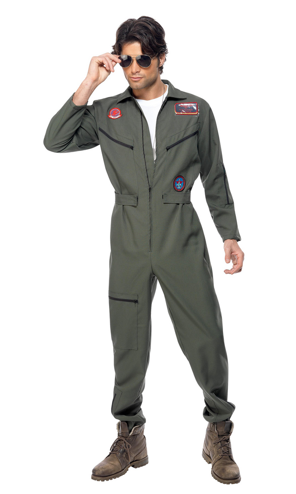 Alternate view of green Top Gun pilot overalls with glasses, dog tags and name tags