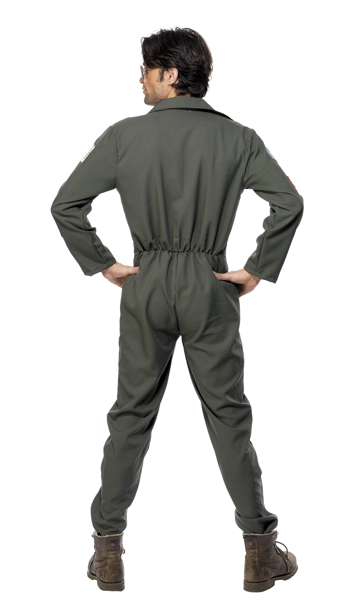 Back of green Top Gun pilot overalls with glasses