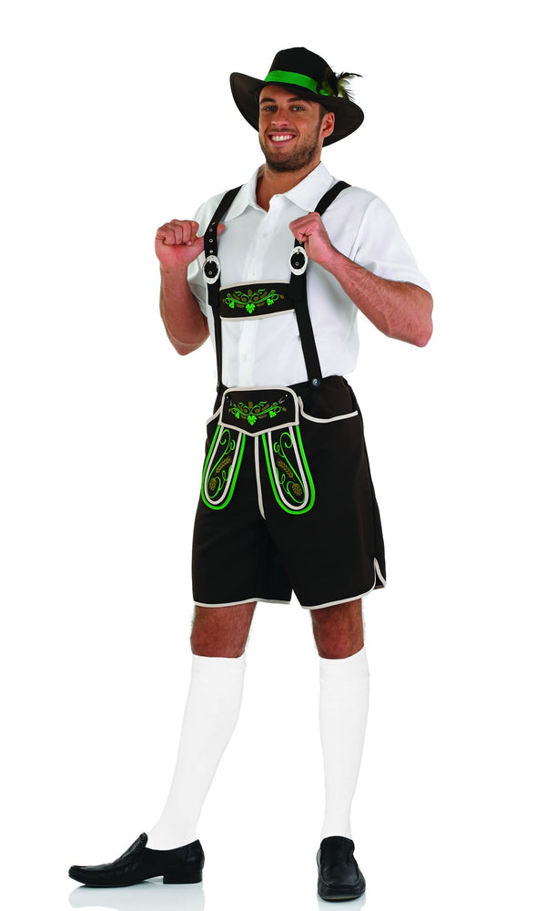 Mens Oktoberfest costume with black hat and shorts, with green pattern