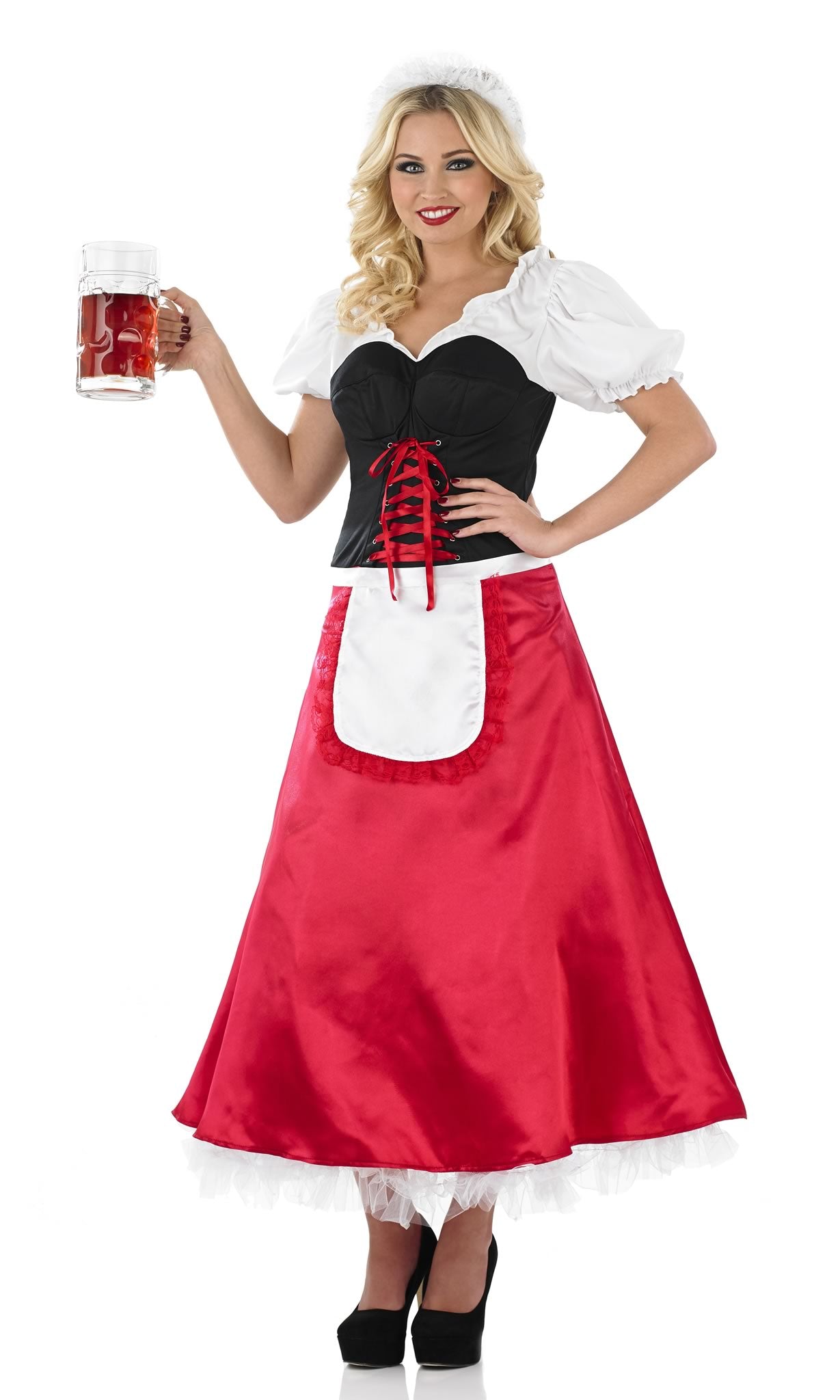 Long red black and white Bavarian dress with white petticoat and apron