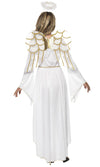 Back of long white angel costume with halo, wings and belt