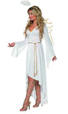 Side of long white angel costume with halo, wings and belt