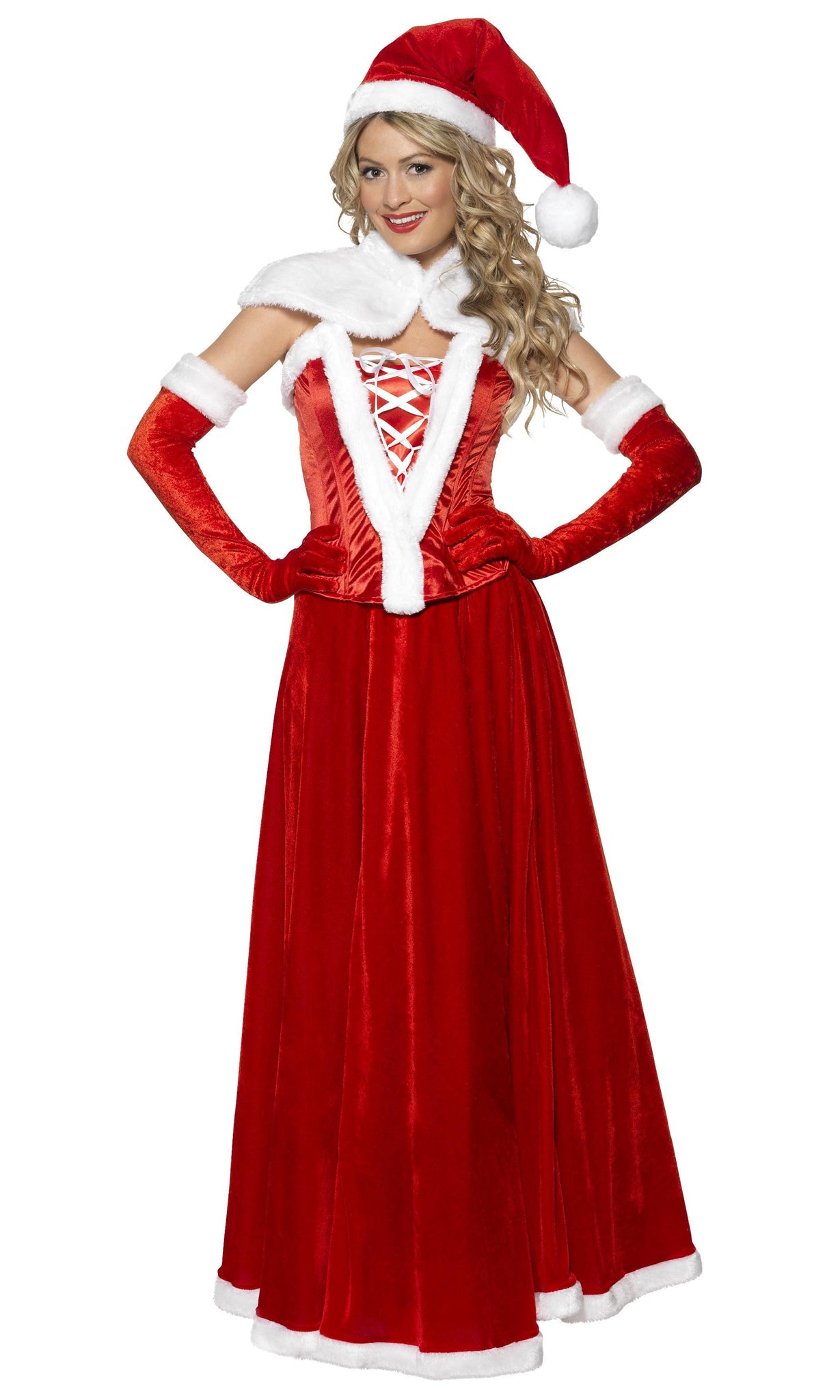 Long red santa dress with strapless corset, hat and gloves