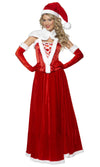 Long red santa dress with strapless corset, hat and gloves