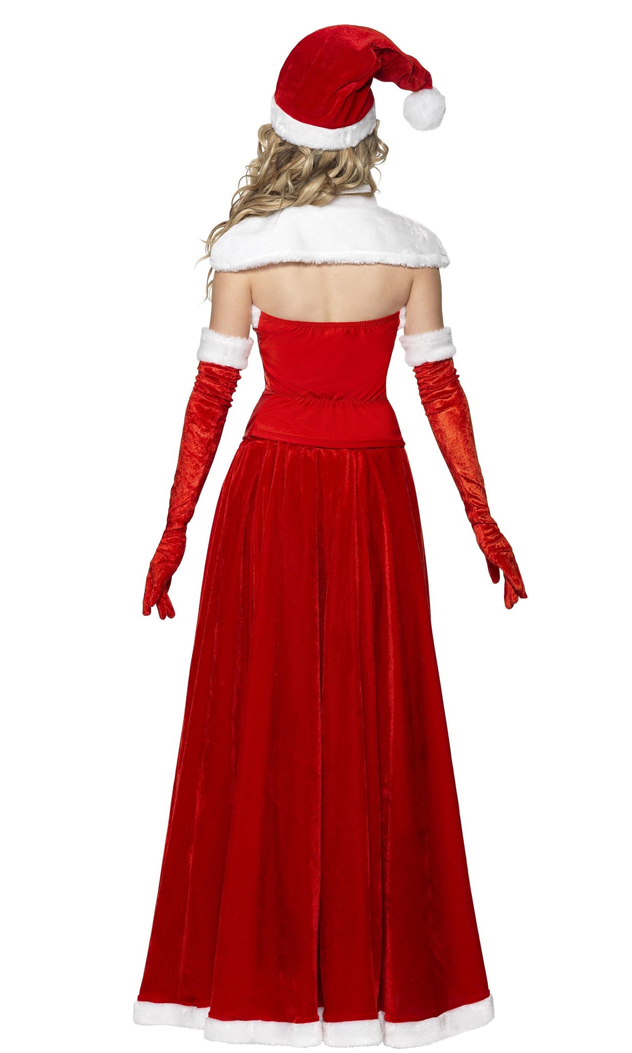 Back of long red santa dress with strapless corset, hat and gloves