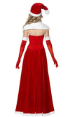 Back of long red santa dress with strapless corset, hat and gloves
