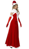 Side of long red santa dress with strapless corset, hat and gloves