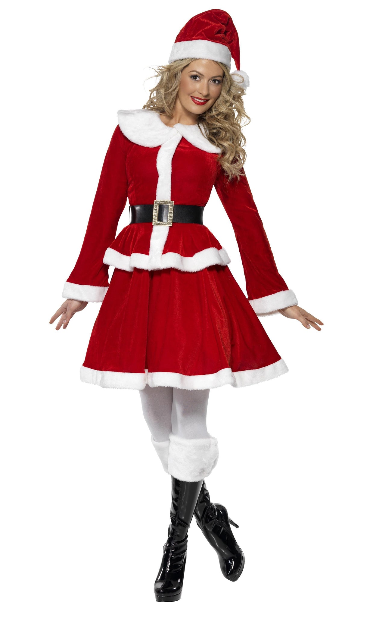 Santa girl costume with jacket, skirt, belt, hat and handwarmer