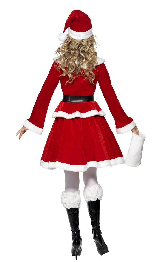 Back of Santa girl costume with jacket, skirt, belt, hat and handwarmer
