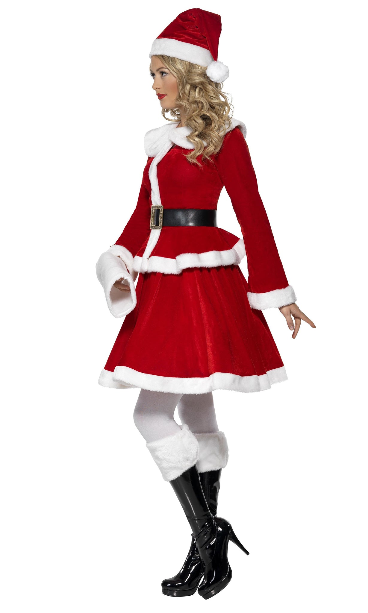 Side of Santa girl costume with jacket, skirt, belt, hat and handwarmer