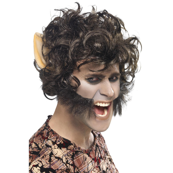 Brown werewolf wig with ears and sideburns