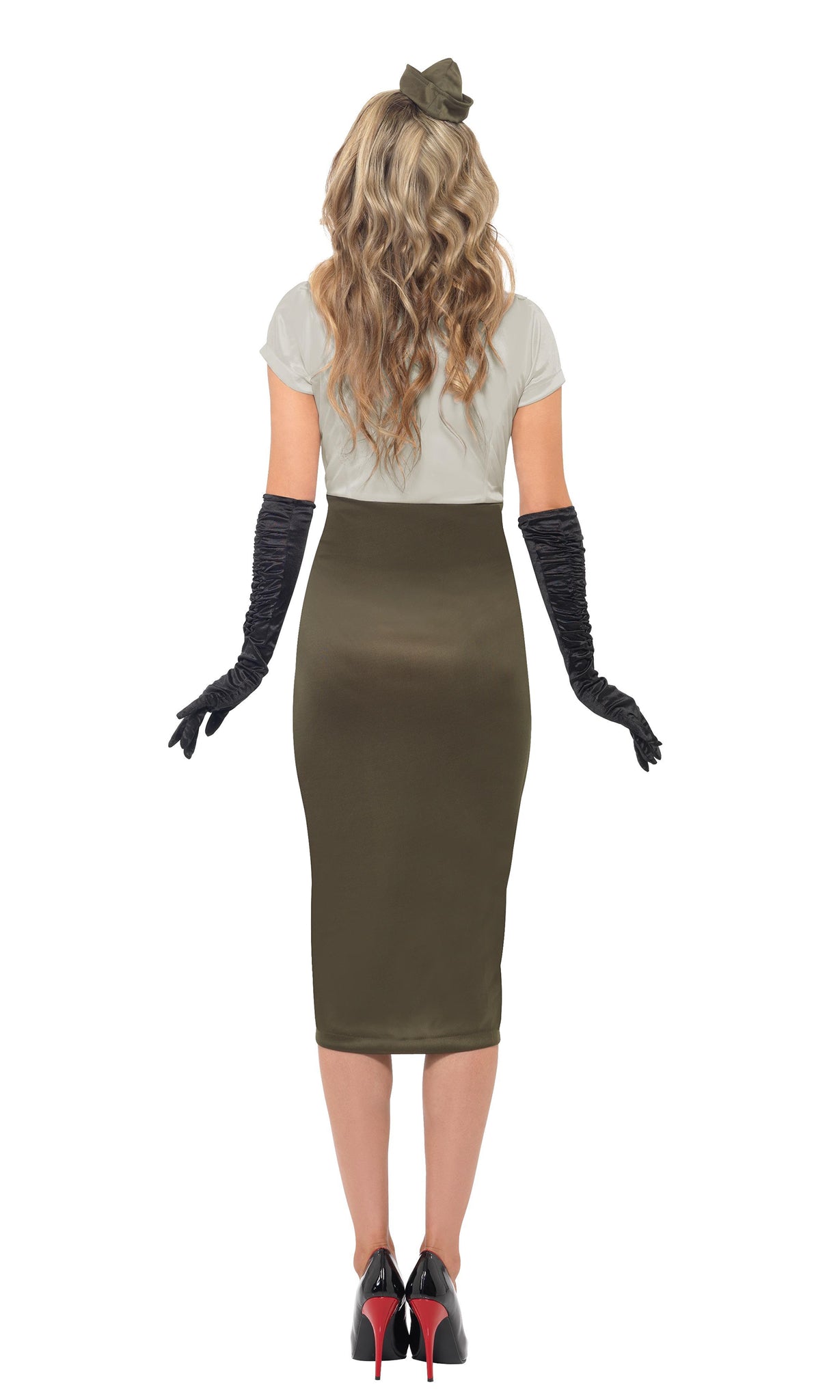 A WWII-themed costume featuring a green dress and gloves, designed to resemble a pin-up girl from the 1940s. Shown by a woman facing away.