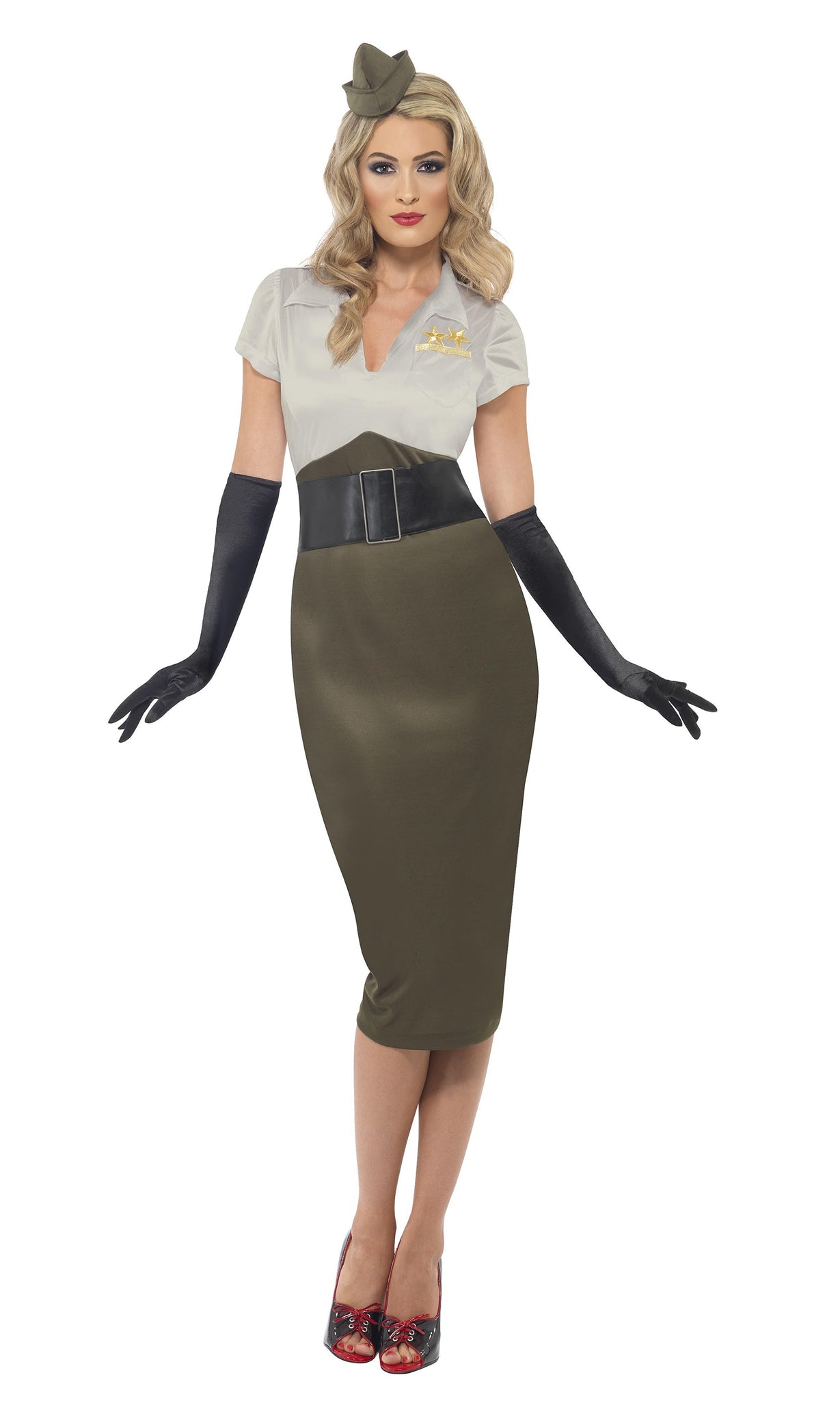 A WWII-themed costume featuring a green dress with an attached belt, and gloves, designed to resemble a pin-up girl from the 1940s.