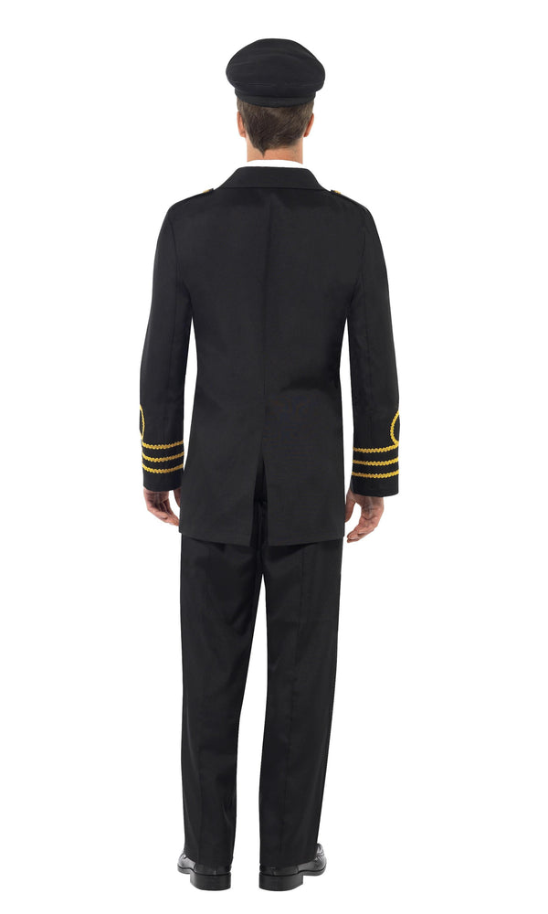 Back of black Navy Officer costume with matching hat