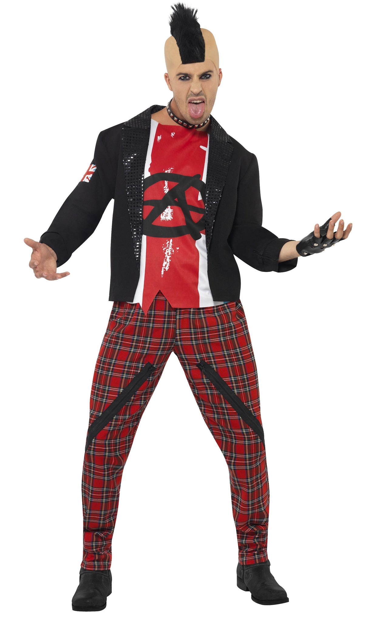 Black punk jacket with white and red top, with tartan pants