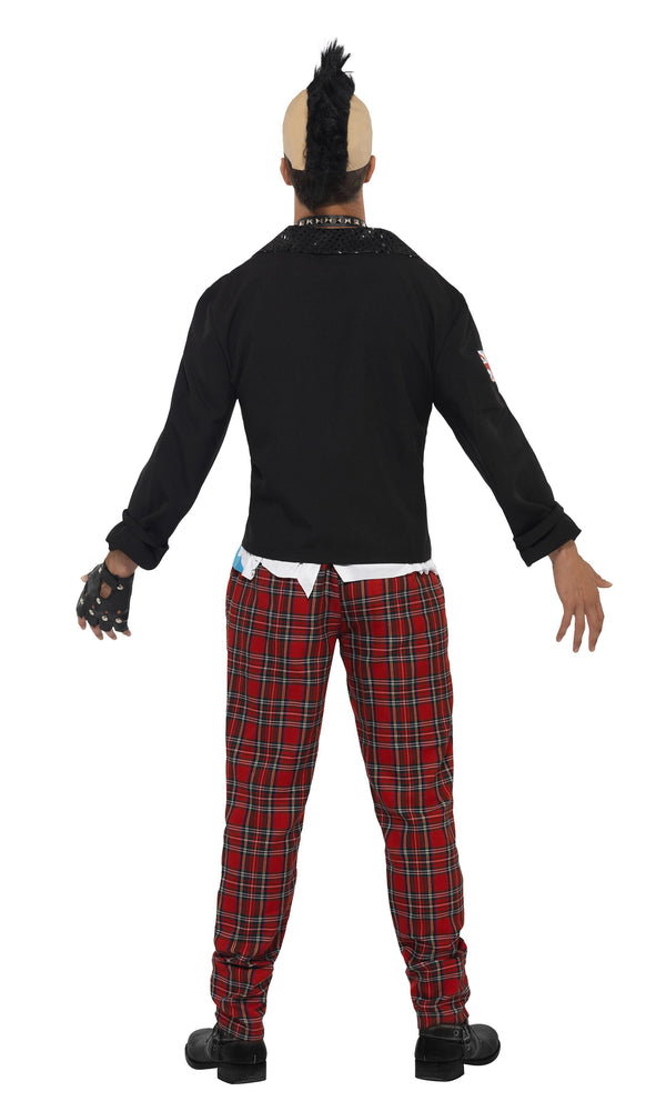Back of black punk jacket with white and red top, with tartan pants