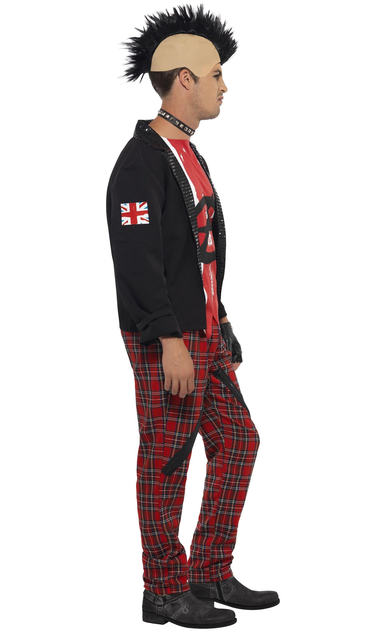 Side of black punk jacket with white and red top, with tartan pants