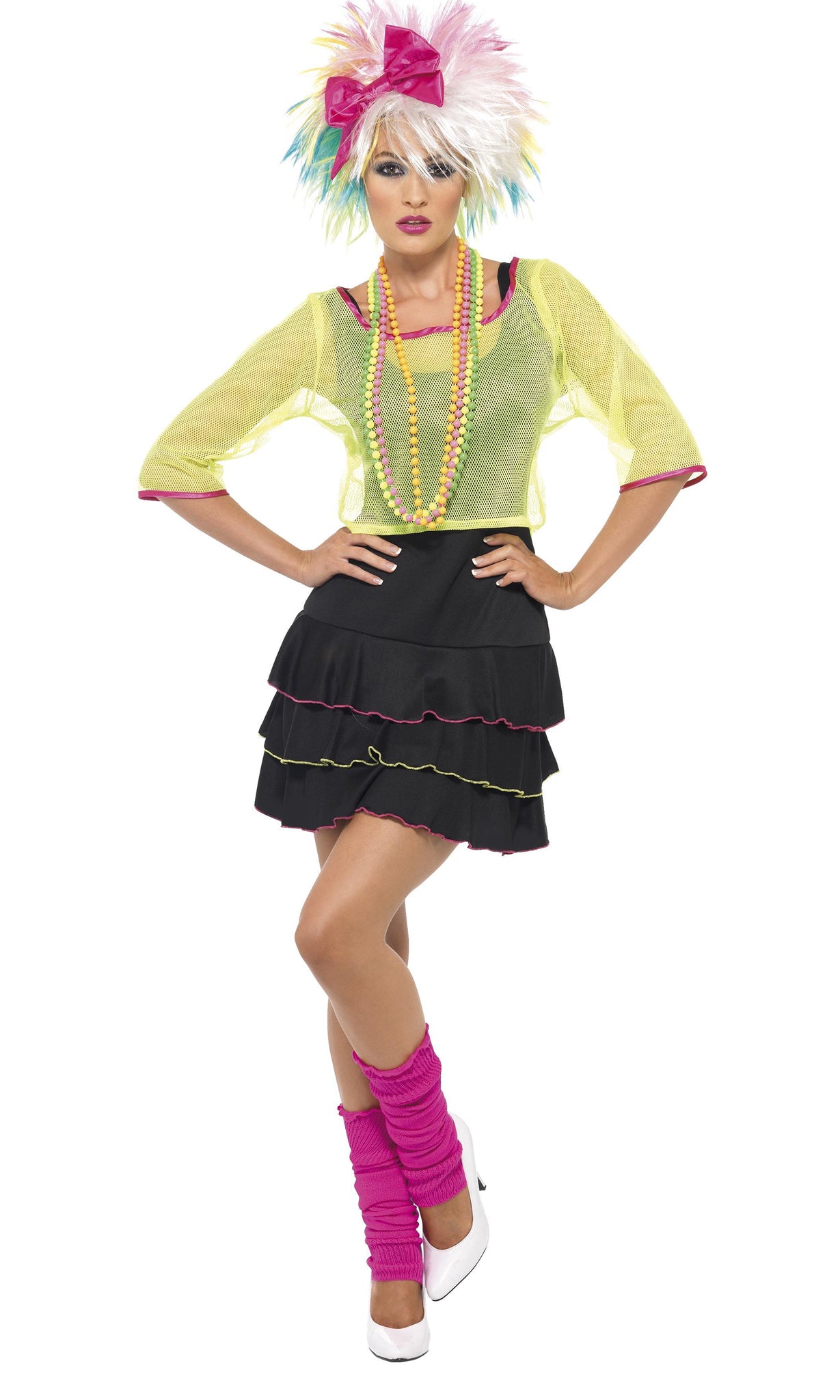 80s pop dress with green mesh top, headband, leg warmers and neon necklace