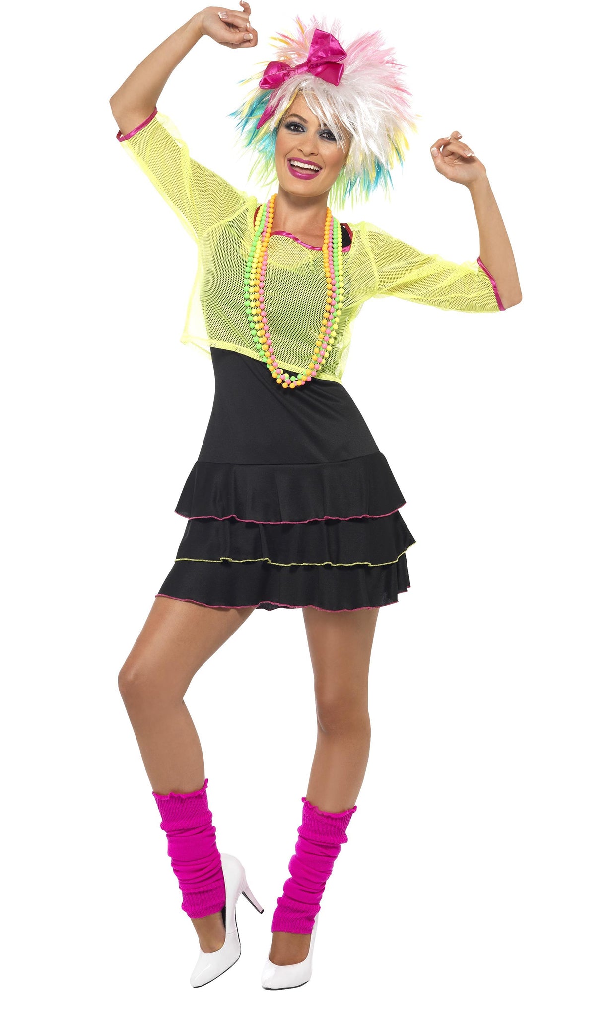 80s pop dress with green mesh top, headband, leg warmers and neon necklace