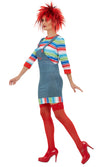 Side of Childs Play Chucky costume dungarees, top and red wig