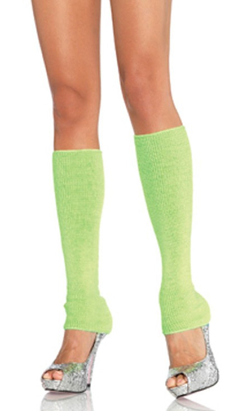 A pair of neon green ribbed leg warmers worn on legs, with no visible brand marking.