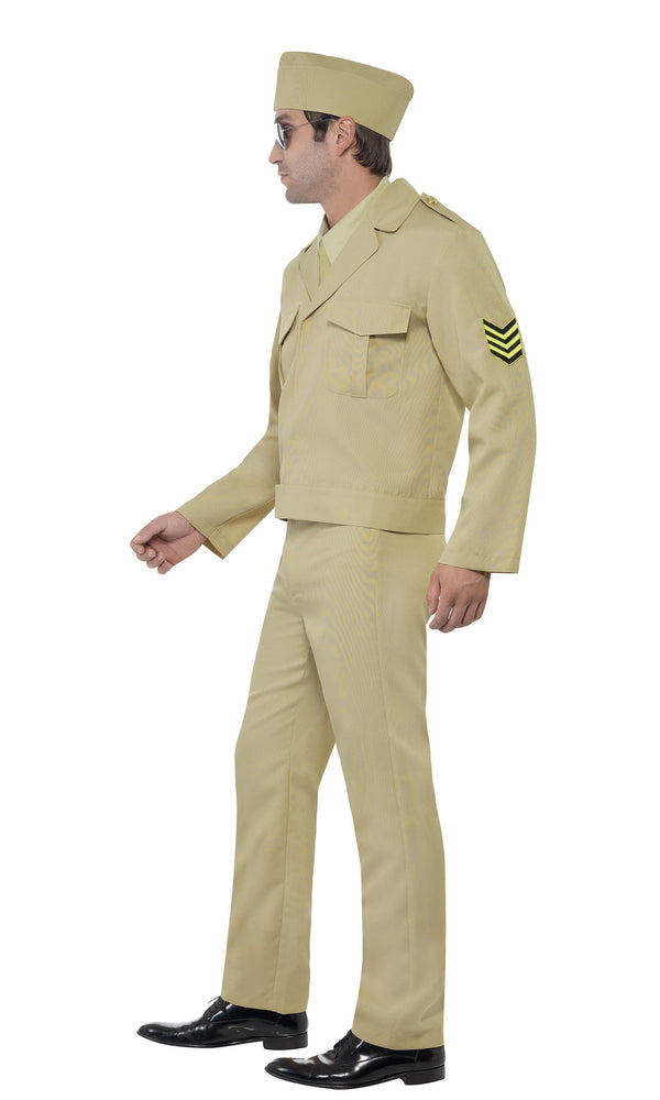 Side of GI costume with jacket, mock shirt & tie, pants and matching hat