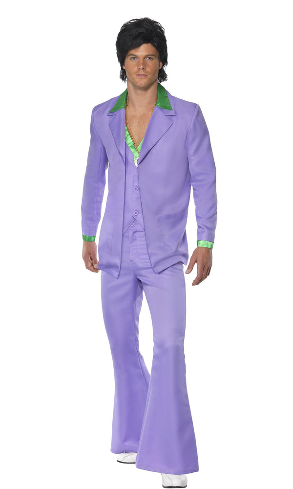 Men's lavender 1970s suit with green trim