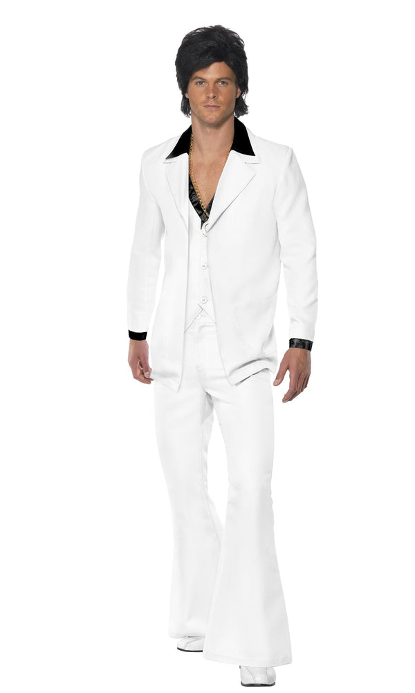 Men's white disco fever costume with white jacket and attached vest, and black collar trim