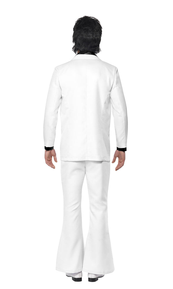 Back of men's white disco fever costume with white jacket and attached vest, and black collar trim