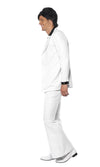 Side of men's white disco fever costume with white jacket and attached vest, and black collar trim