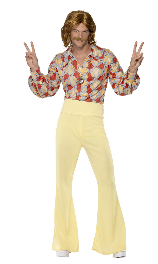 70s patterned shirt with yellow flared pants