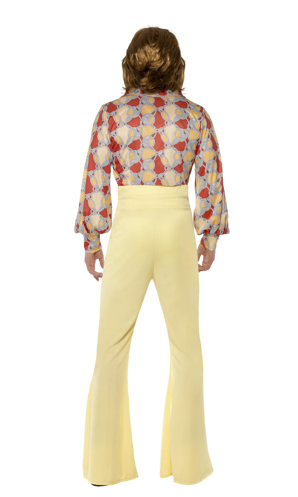 Back of 70s patterned shirt with yellow flared pants