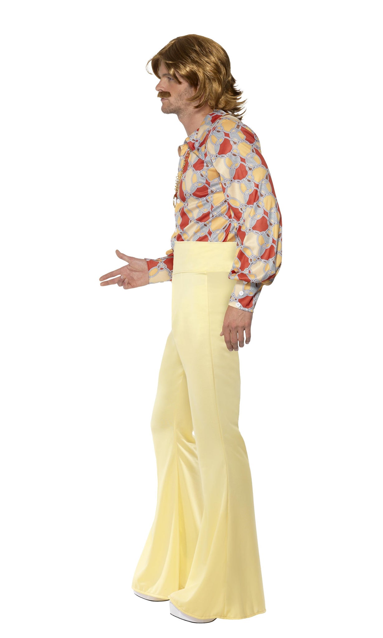 Side of 70s patterned shirt with yellow flared pants