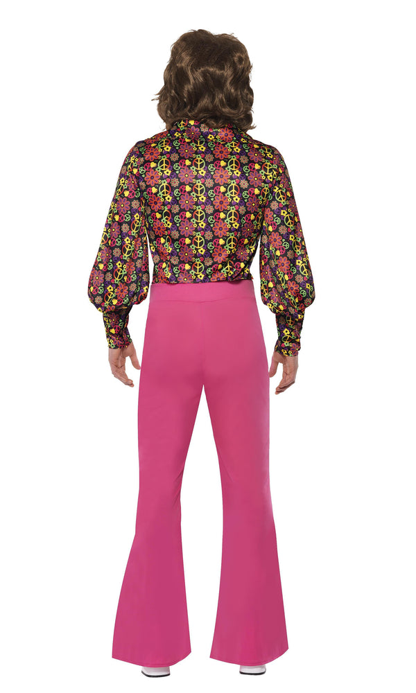 Back of 60s hippie shirt and pink flared pants
