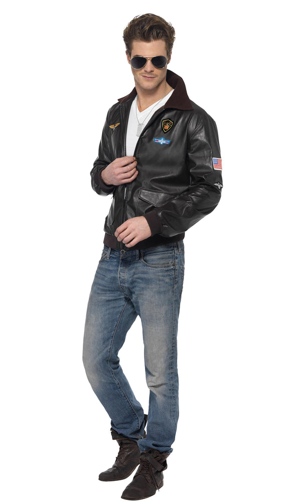 Alternate view of dark brown Top Gun bomber jacket worn by a male