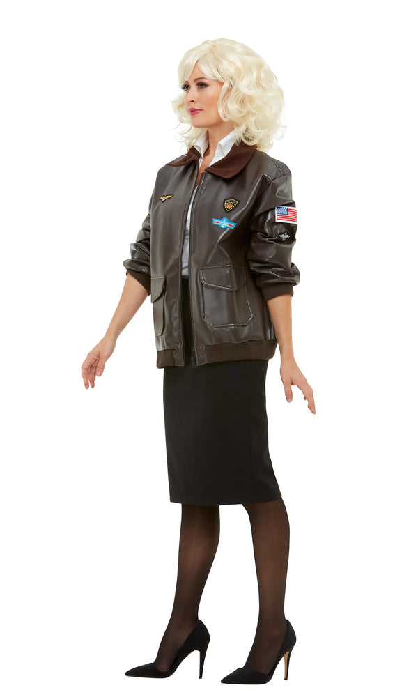 Side of dark brown Top Gun bomber jacket worn by a female