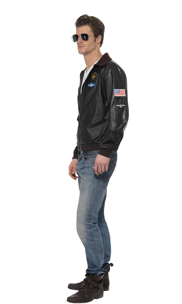 Side view of dark brown Top Gun bomber jacket worn by a male